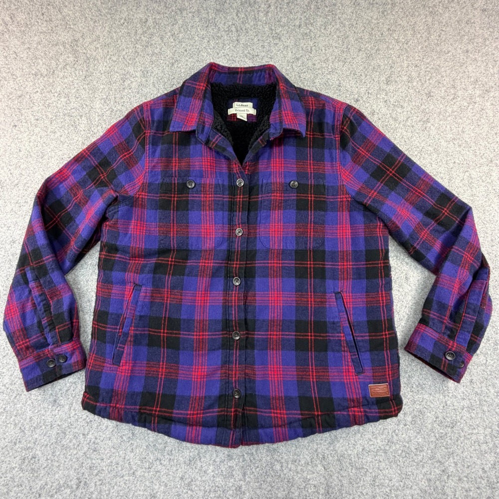 LL Bean Womens XS Petite Relaxed Fit Fleece Lined Flannel Shirt Jacket Plaid